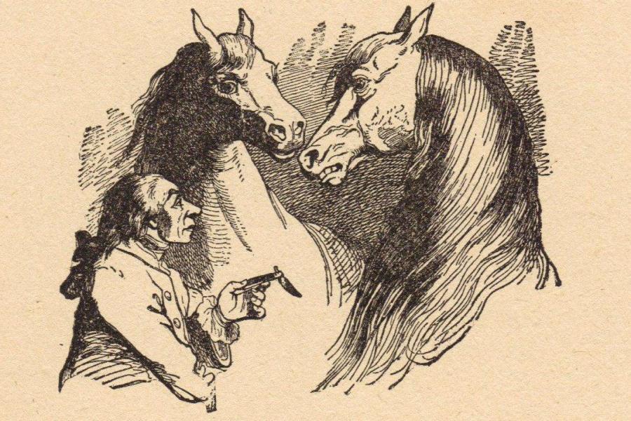 Gulliver dialoga amb els Houyhnhnms | Il·lustració de  J.J. Grandville, 1856 