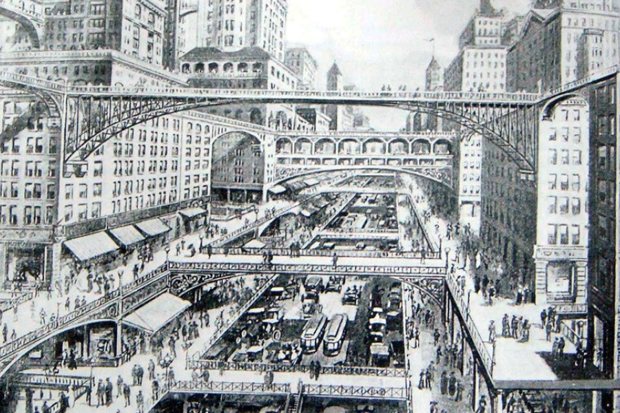 Ciutat amb múltiples nivells, il·lustració de W.H. Corbett, 1913