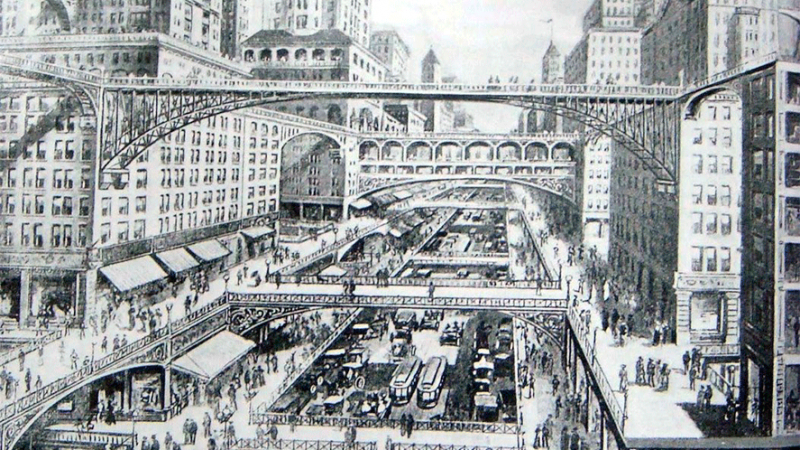 Ciudad con múltiples niveles; ilustración de W.H. Corbett, 1913