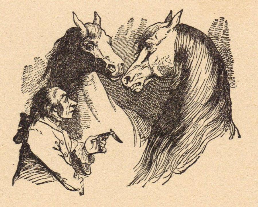 Gulliver dialoga amb els Houyhnhnms | Il·lustració de  J.J. Grandville, 1856 